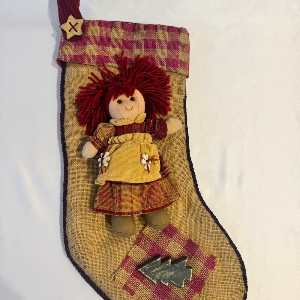Vintage Burlap Plaid Holiday Stocking with Doll Accent